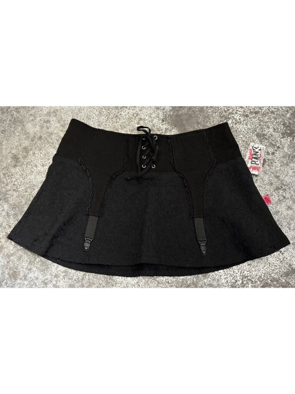 Tripp NYC VINTAGE Black Lace Mini Skirt M RARE 4Strap Garter Suspender Belt Y2K